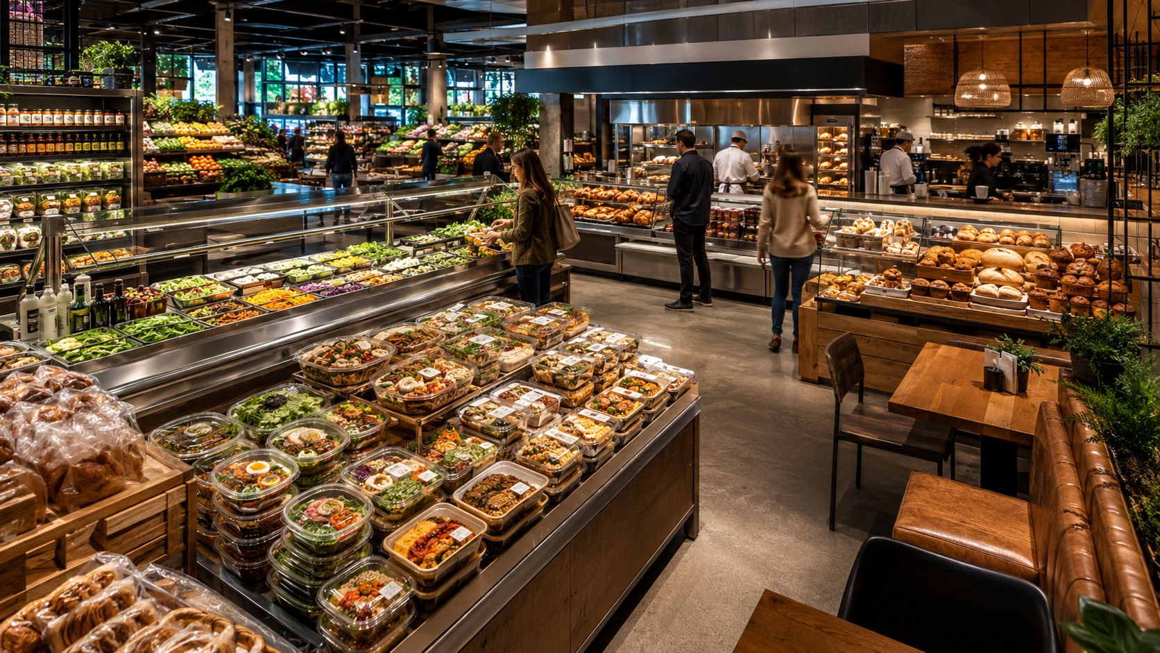 Modern grocery store with prepared meals, salad bar, bakery counter, and seating area