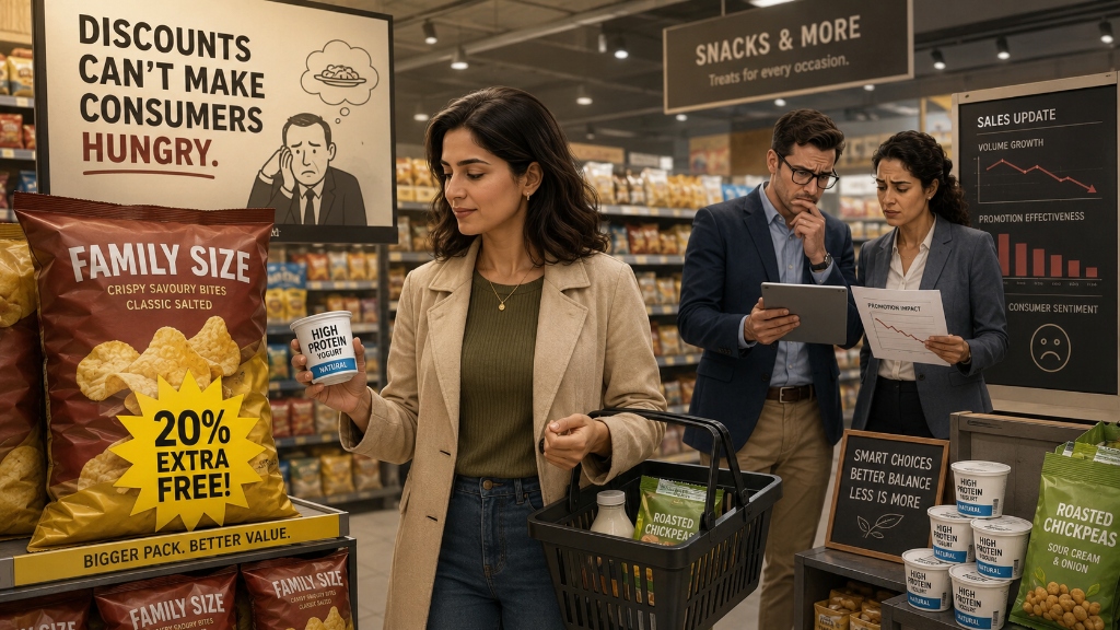 Shopper walking past a discounted family-sized snack pack as FMCG brands adapt to smaller appetites and changing consumer demand.