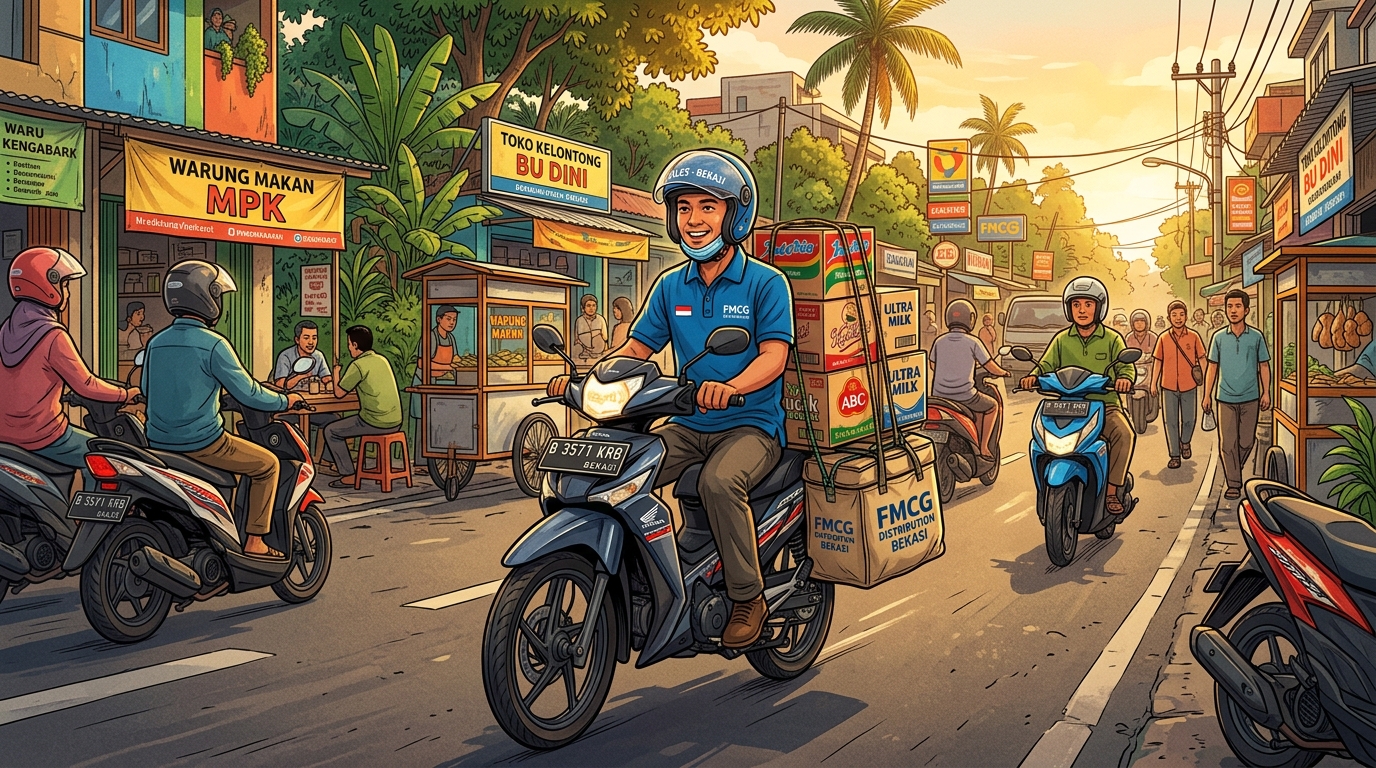 Indonesian FMCG field sales representative on a motorcycle navigating daily general trade routes in Bekasi