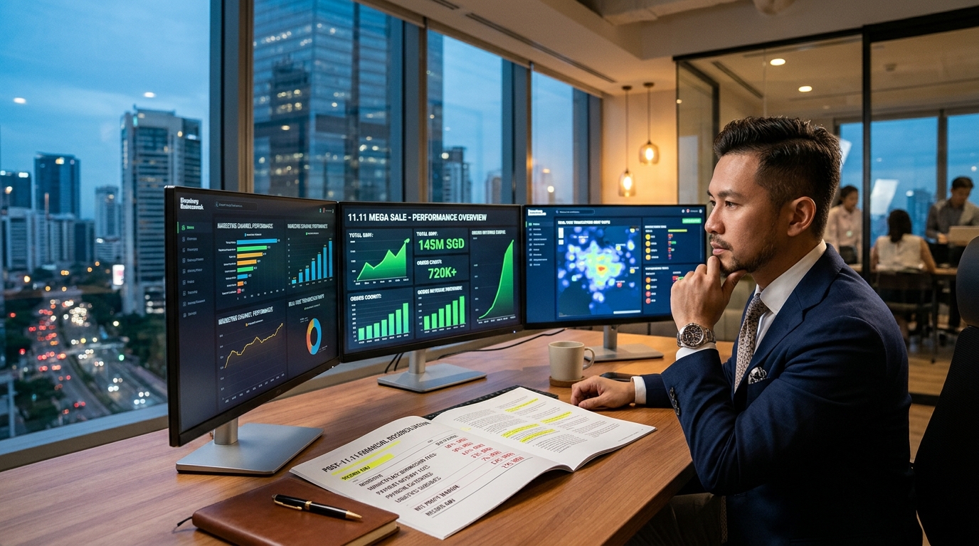 Commercial director in Jakarta analyzing 11.11 marketplace sales spikes versus profit reconciliation reports