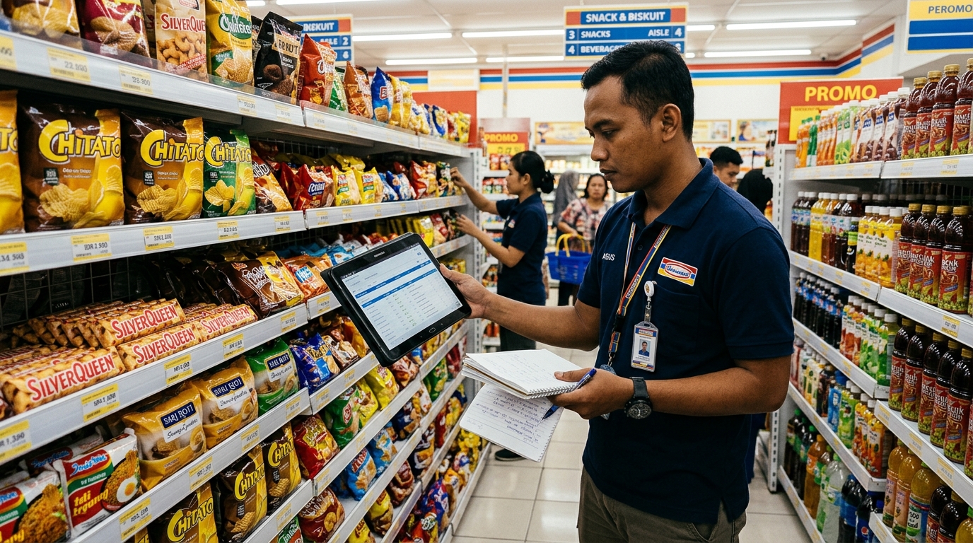 FMCG Area Sales Supervisor conducting retail shelf audit and inspecting stock availability and planogram facings inside a modern trade store