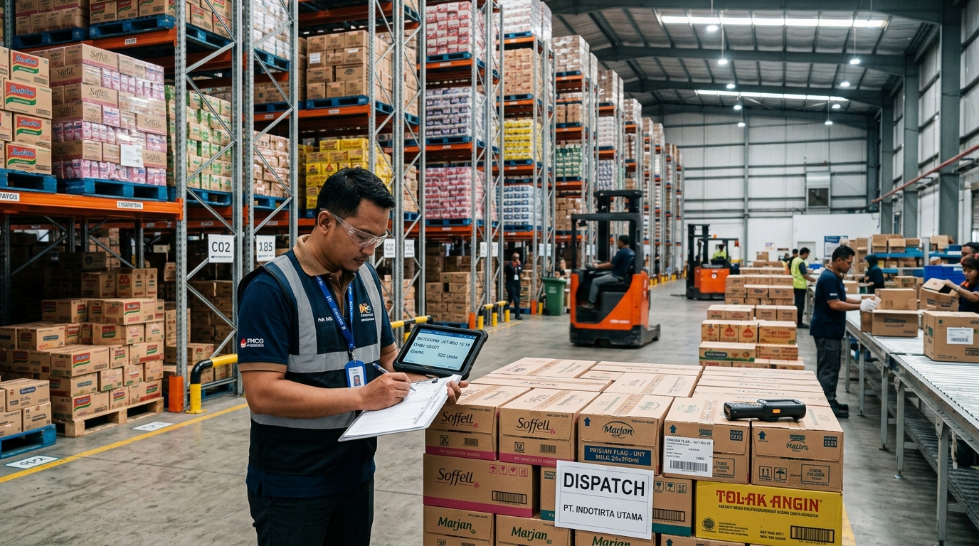 Indonesian FMCG distribution warehouse manager verifying palletized stock and unit volume shipments against dispatch manifests
